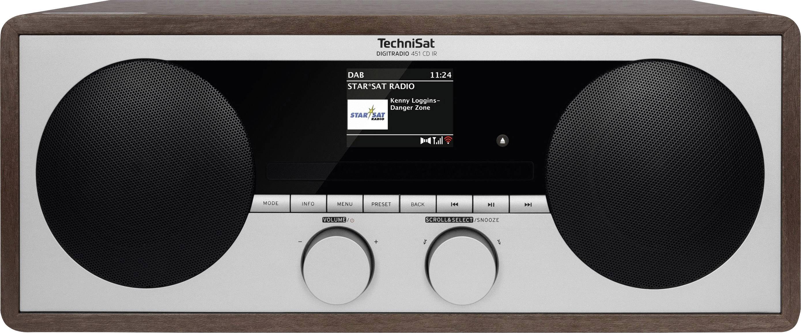 Radio mit Holzgehäuse, zwei Lautsprechern und digitalem Display. Zeigt 'TechniSat DAB RADIO' und spielt 'STAR*SAT RADIO'.
