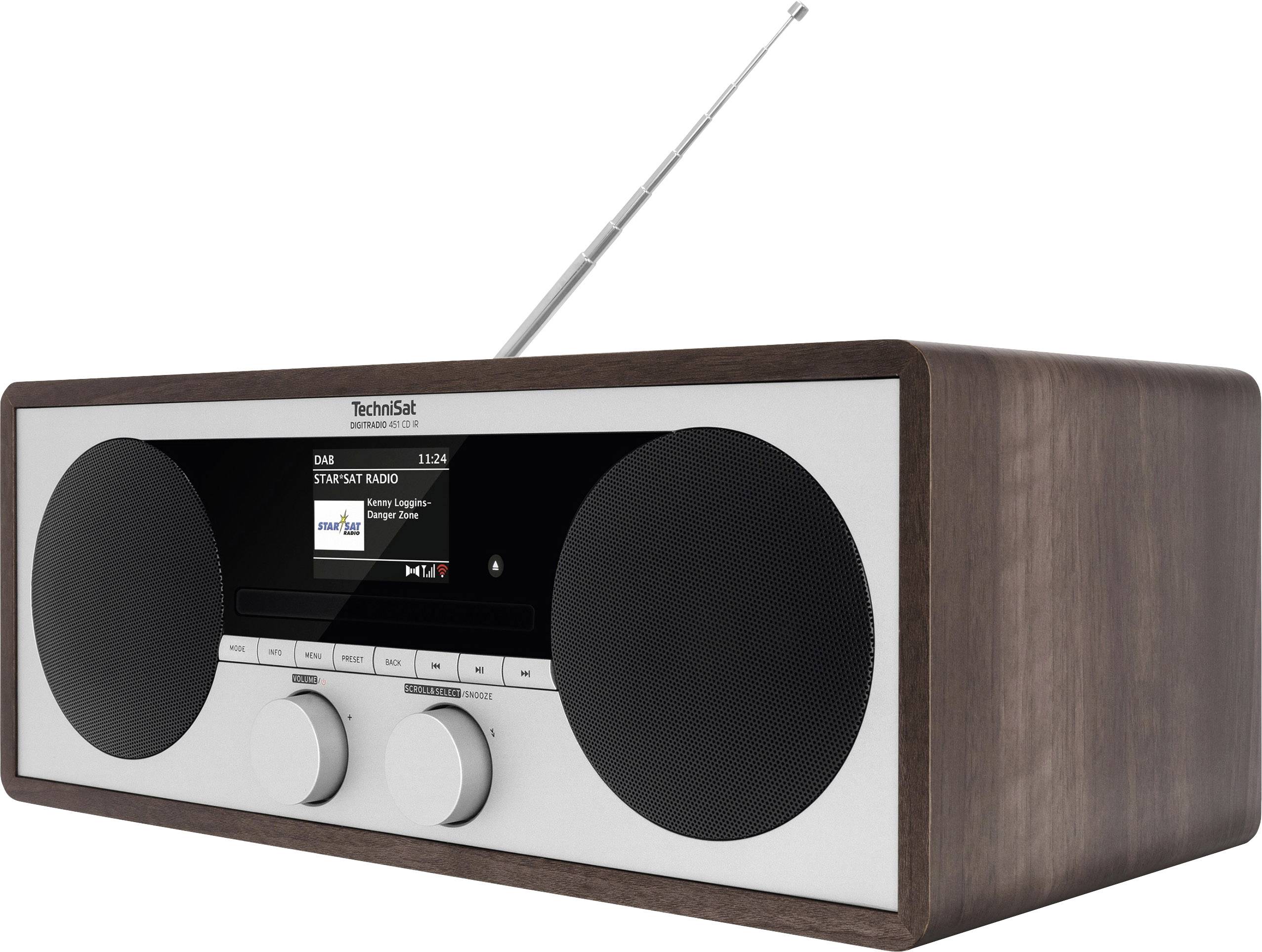 Braunes Retro-Radio mit silbernem Panel, zwei Lautsprechern, Display in der Mitte und langer Antenne oben.