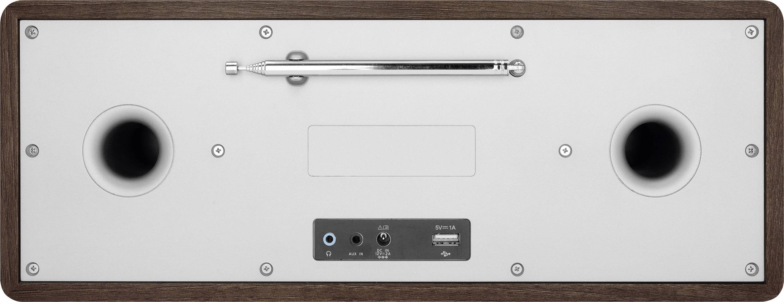 Rückseite eines Lautsprechers mit zwei großen Bassreflexöffnungen, einem Griff und Anschlüssen für Audio und USB.