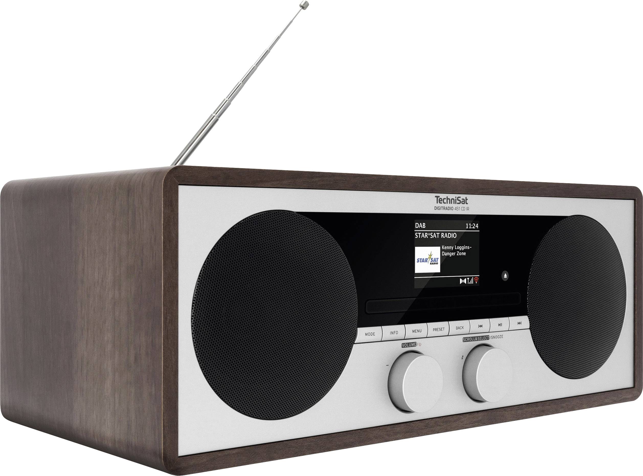 Ein rechteckiges, braunes Radio mit Antenne, zwei großen Lautsprechern und einem zentralen Display, das 'DAB' und einen Sender zeigt.