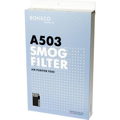 'Boneco A503 Smog Filter' Verpackung; Luftreiniger P500; blaue Schachtel mit weißen Texten und Punkten; Filter für saubere Luft.