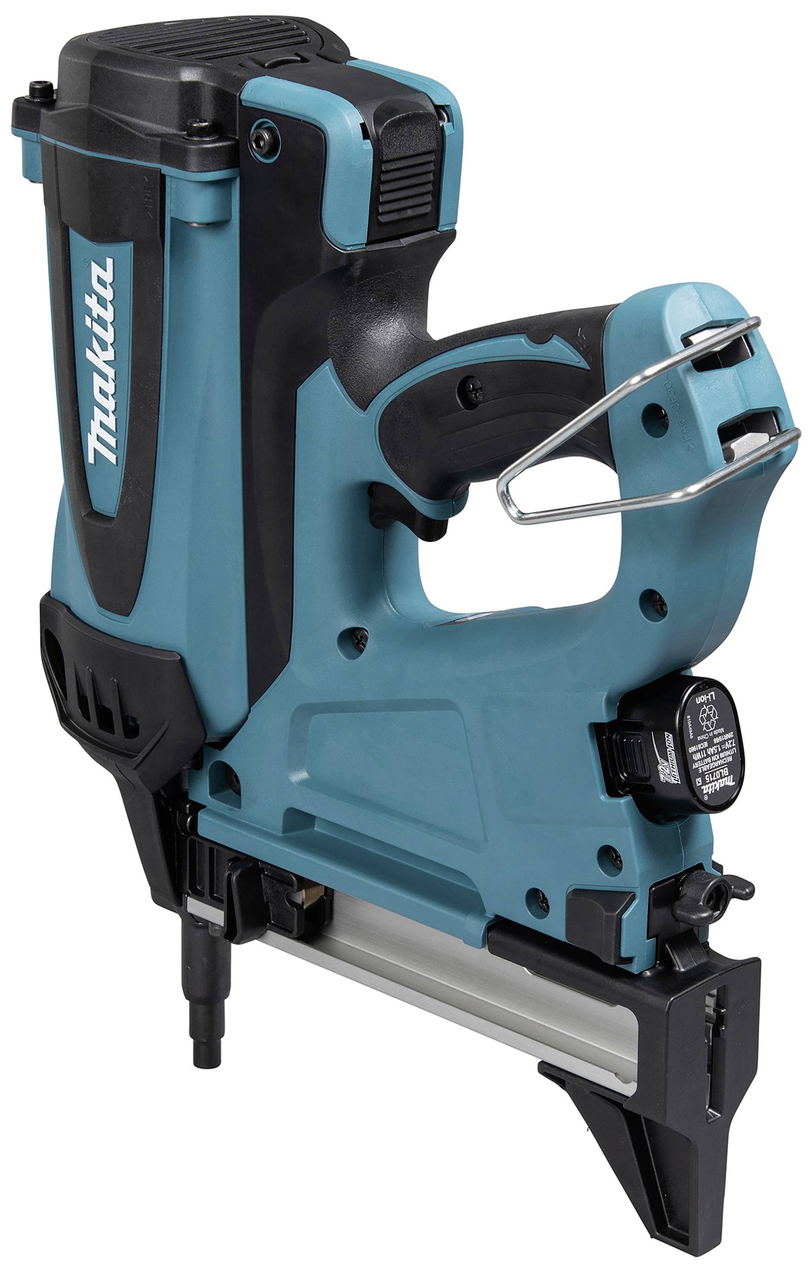 Ein kabelloses, blau-schwarzes Nagelgerät zur schnellen Befestigung von Materialien, mit ergonomischem Griff und Sicherheitsmechanismus.