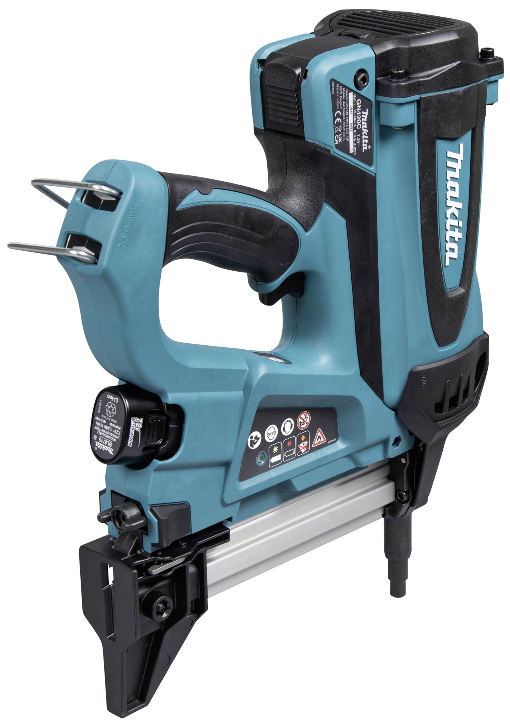 Ein blau-schwarzer Akku-Nagler mit ergonomischem Griff. Markenname und Sicherheitsanweisungen sind auf der Seite sichtbar. Geeignet für Holzverbindungen.