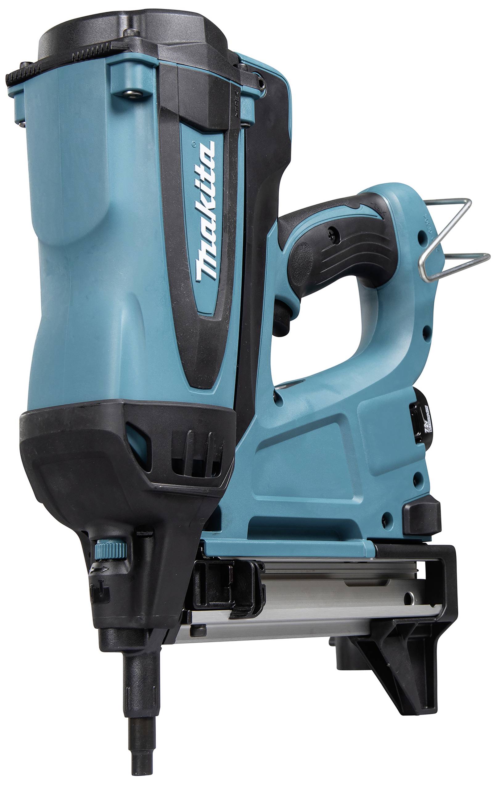 Ein kabelloser Nagler in hellblau-schwarz mit ergonomischem Griff, geeignet für Bauarbeiten.