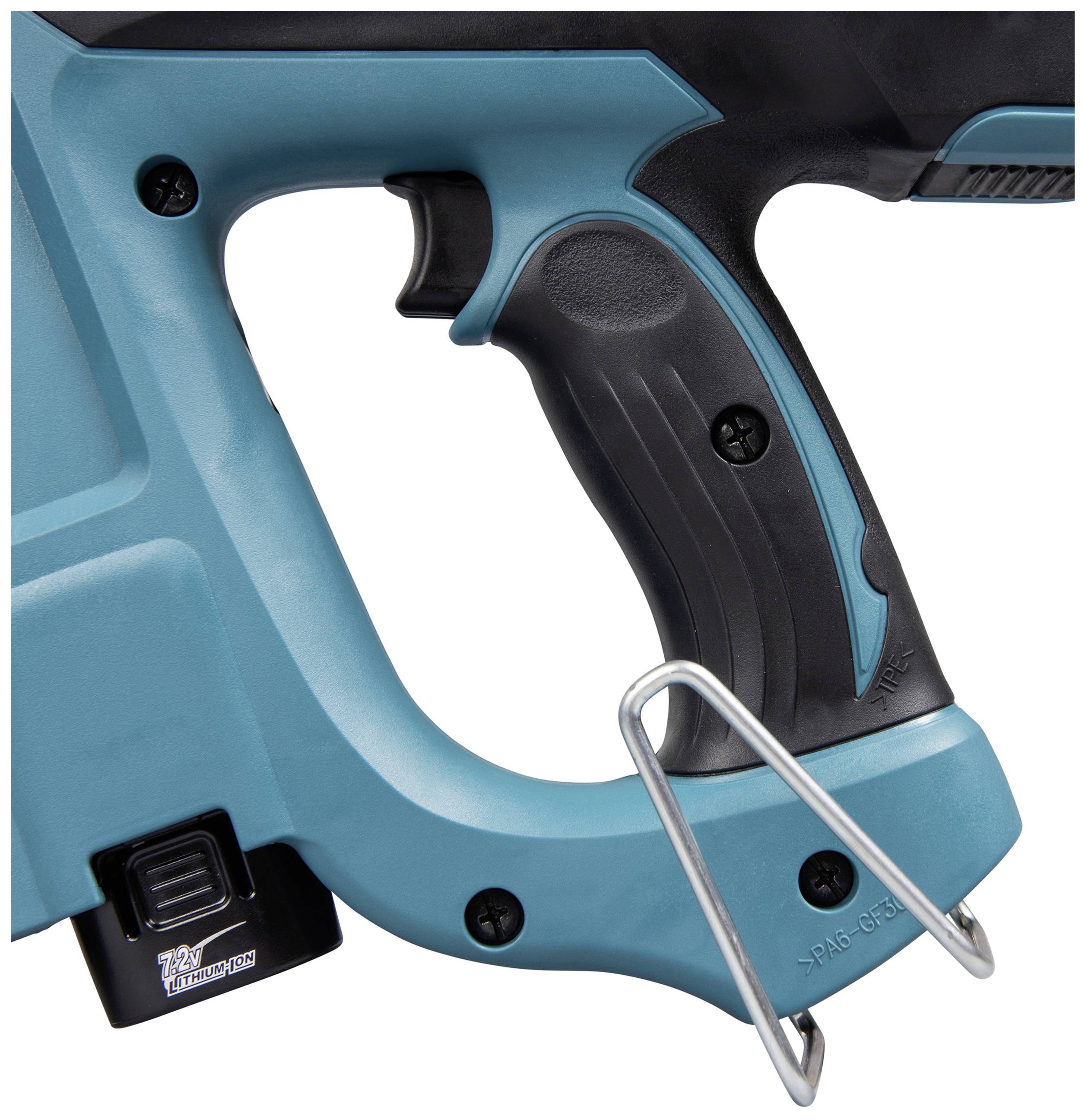 Elektrischer Werkzeuggriff in blau-schwarz, mit sichtbarem Auslöser und hervorstehendem Metallhaken zur Aufhängung.