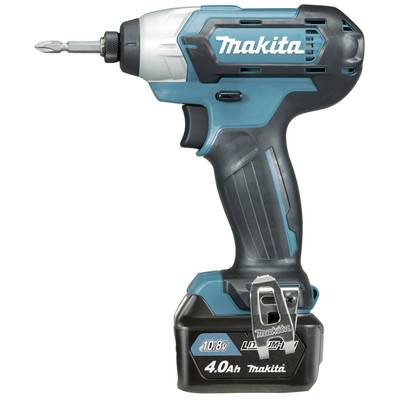 Ein blauer Akku-Schlagschrauber mit der Aufschrift 'Makita', 10,8 Volt, 4,0Ah, ideal für handwerkliche Arbeiten.