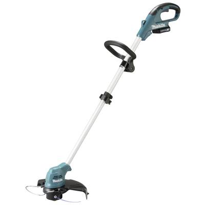 Akku-Rasentrimmer in blau und schwarz, mit Teleskopstiel und ergonomischem Griff. Marke Makita, für Gartenarbeiten geeignet.