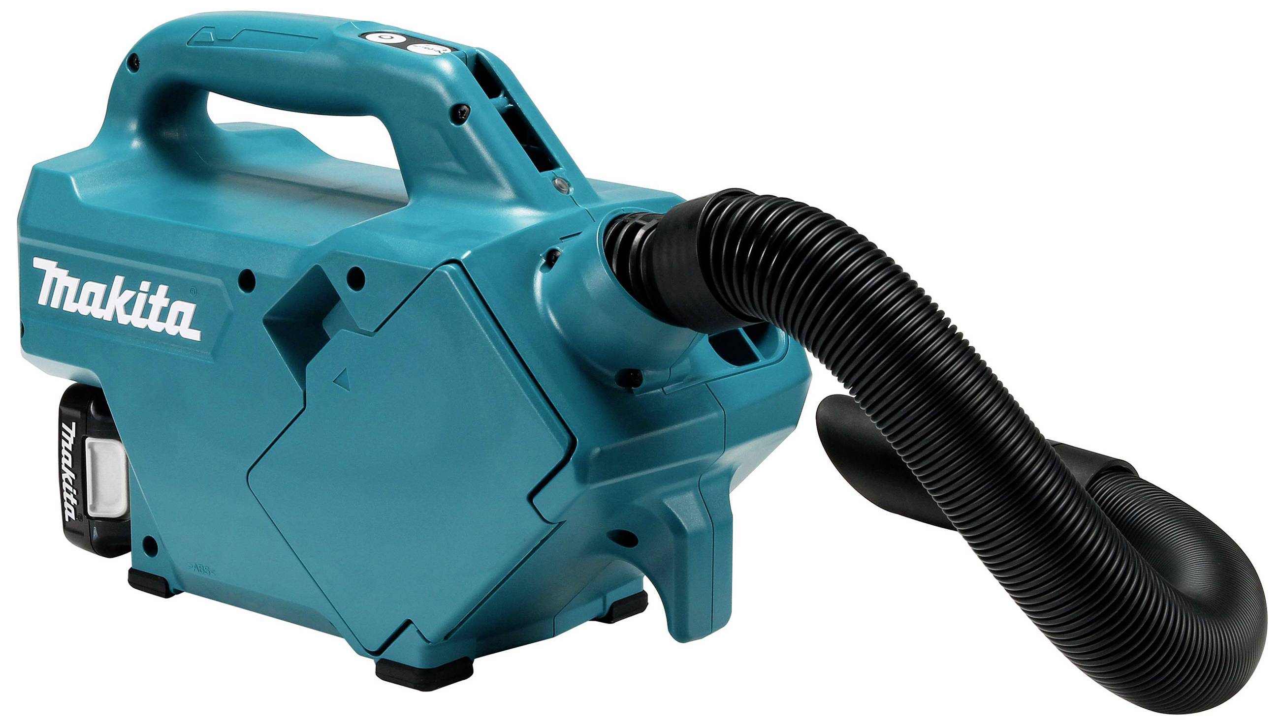 Tragbarer, kabelloser Staubsauger der Marke Makita, blau, mit flexiblem schwarzem Schlauch, geeignet für kleine Reinigungsarbeiten.