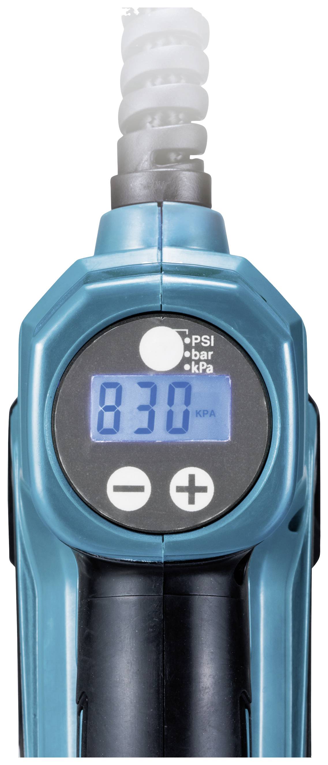 Digitaler Druckmesser mit blauem Gehäuse zeigt '8.30 kPa' an. Oben ist ein gewellter Schlauch befestigt.