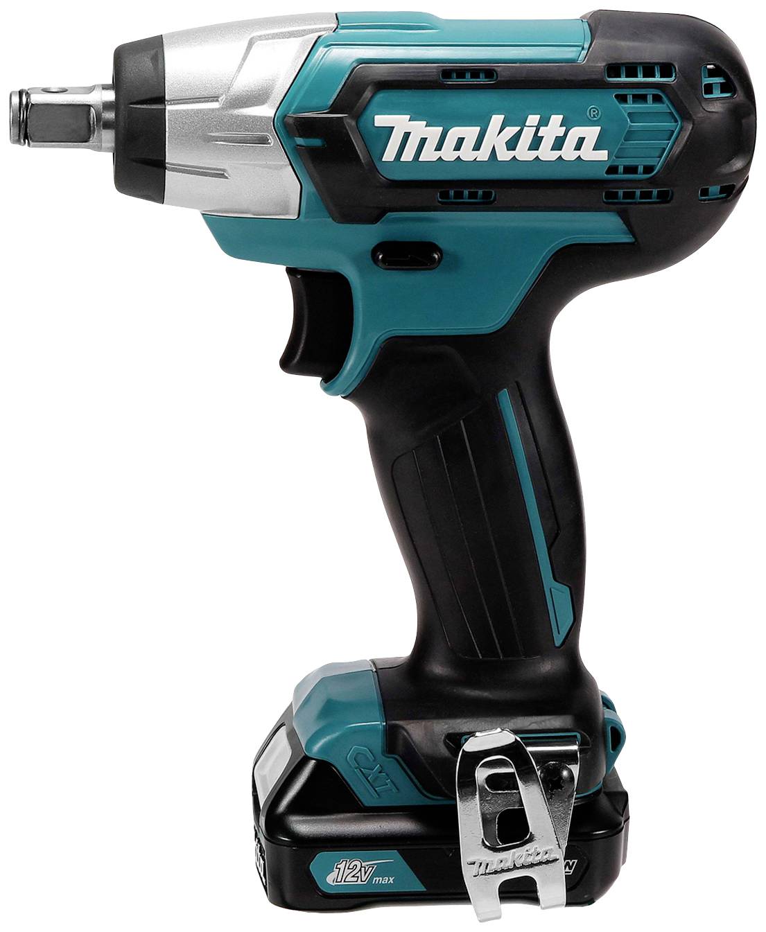 Ein Akku-Schlagschrauber in Blau und Schwarz, mit ergonomischem Griff und sichtbarer Makita-Logoaufschrift auf der Oberseite.