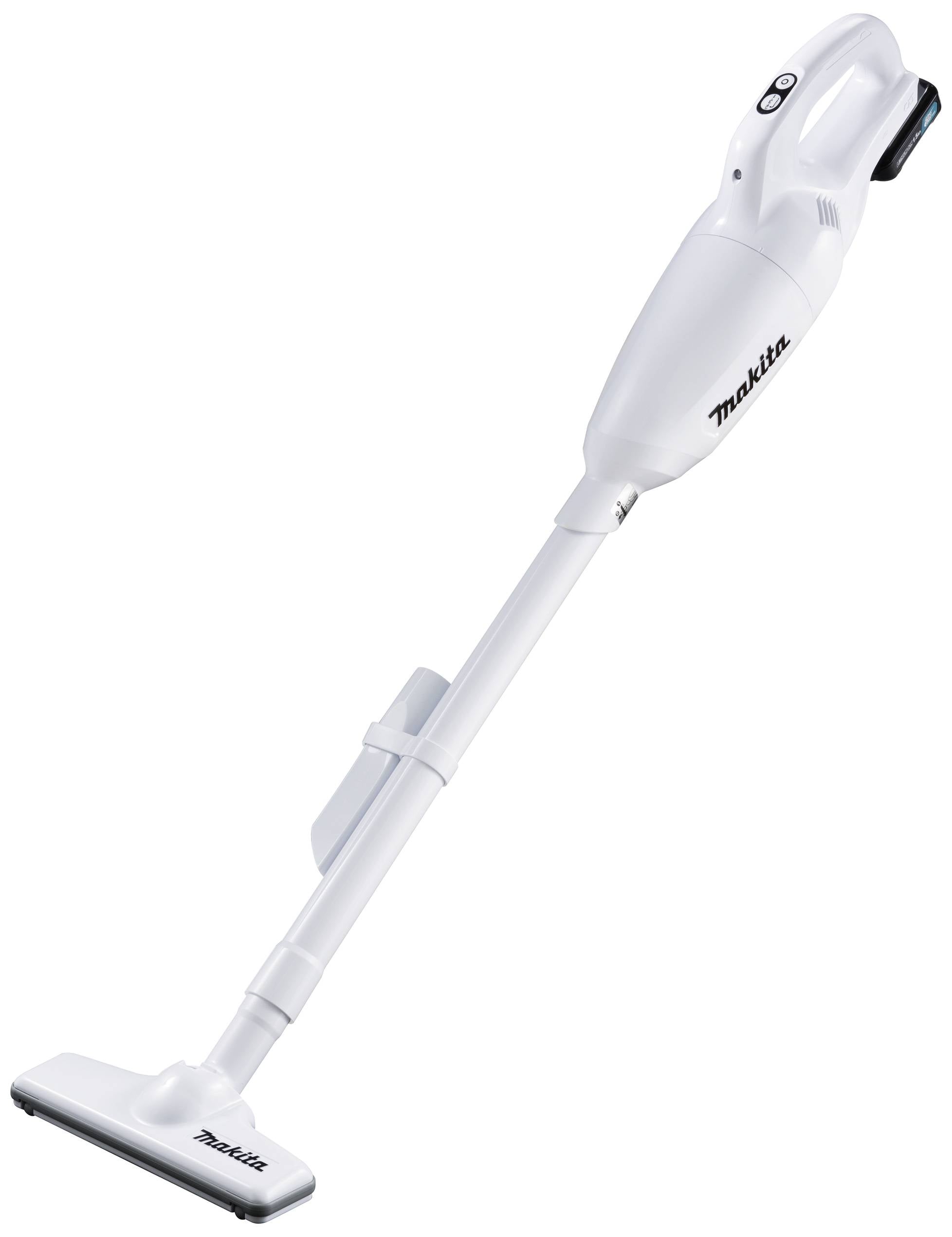 Kabelloser weißer Handstaubsauger der Marke Makita, in diagonaler Position. Geeignet für leichte Reinigungsarbeiten im Haushalt.