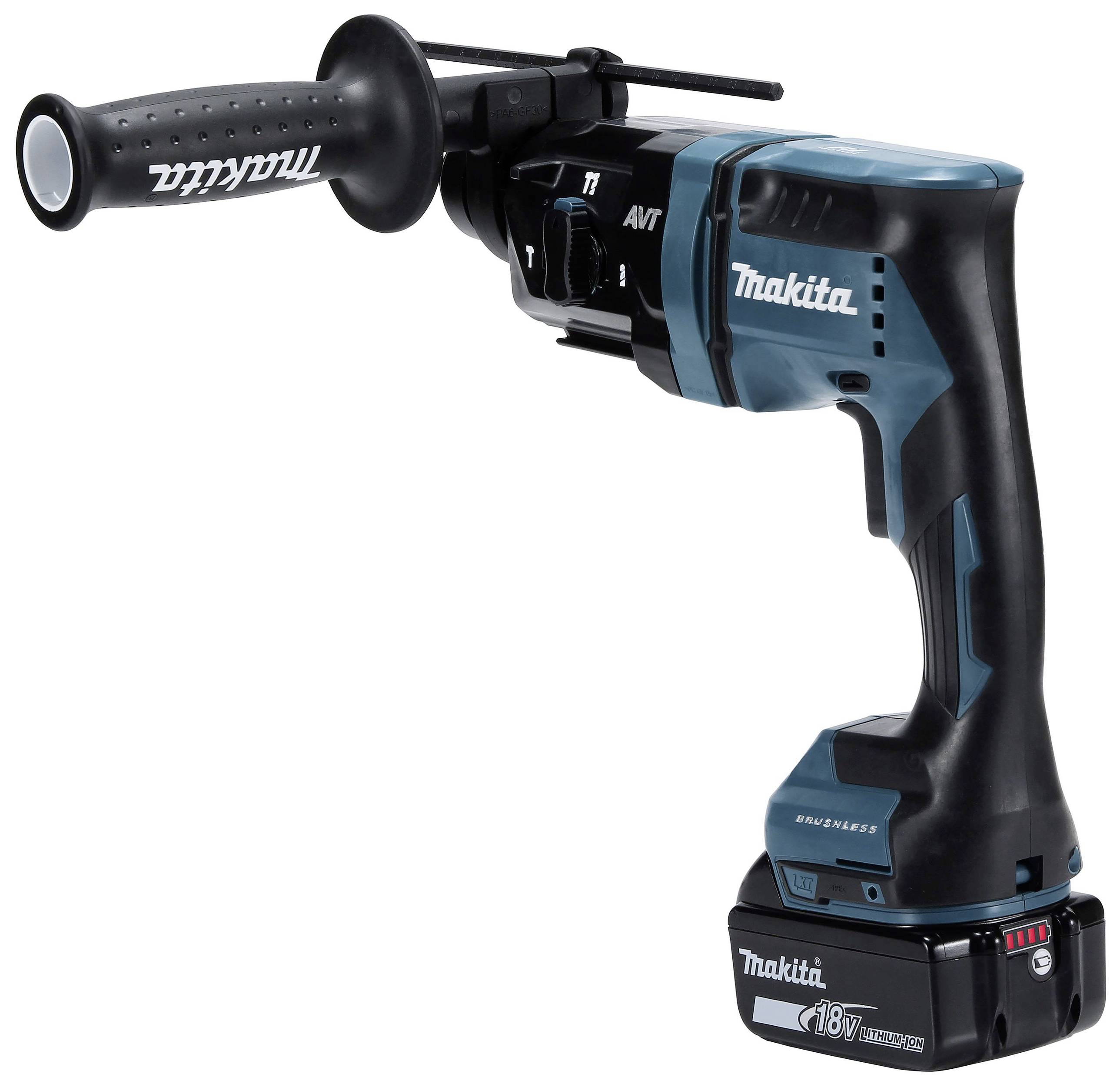 Akkubohrhammer mit seitlichem Griff, passend für 18V-Batterien. Ideal für schweres Bohren und Bauarbeiten.