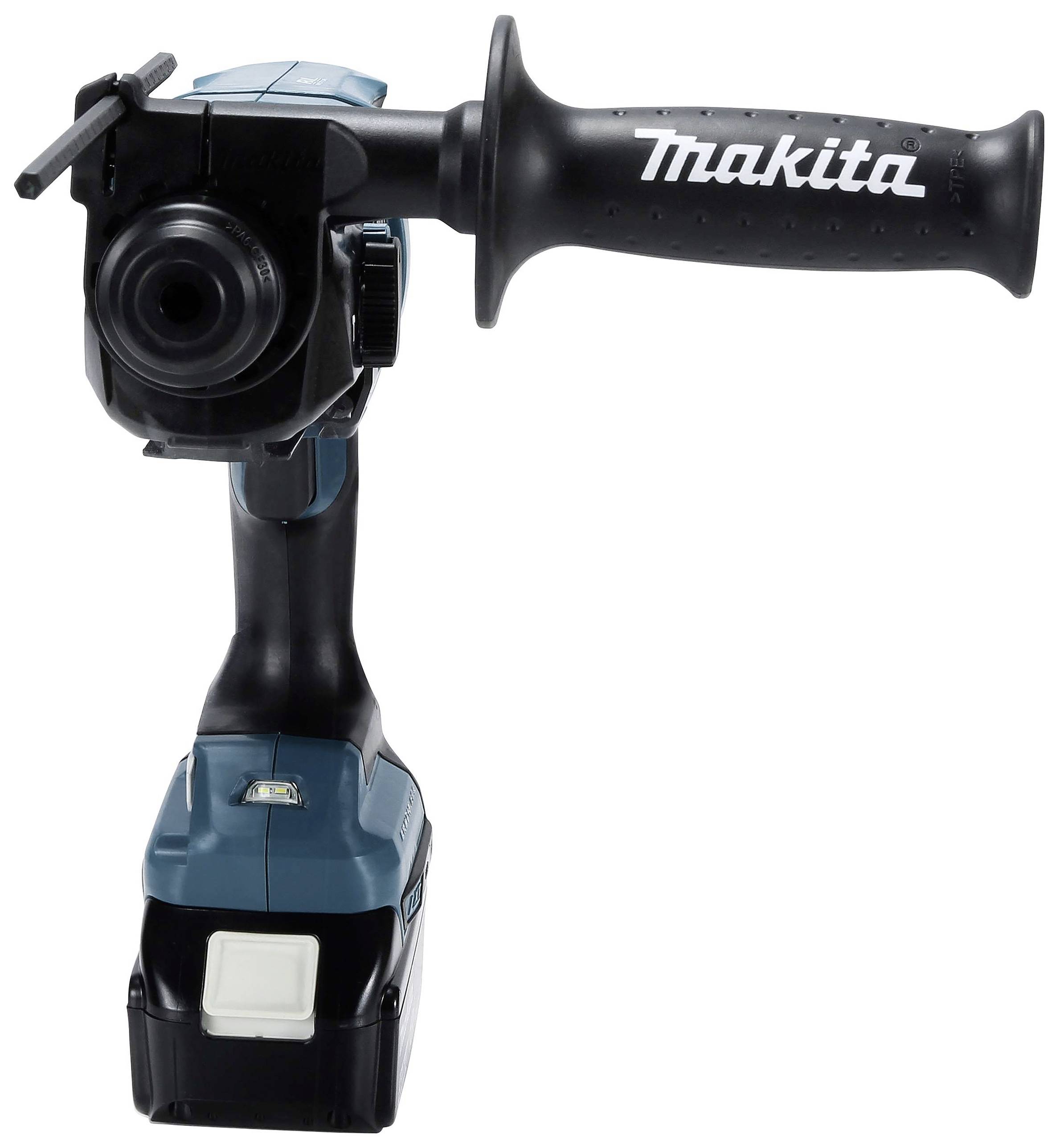 Ein blauer und schwarzer Akku-Bohrhammer mit einem ergonomischen Griff und einem "Makita" Logo auf dem Griff.