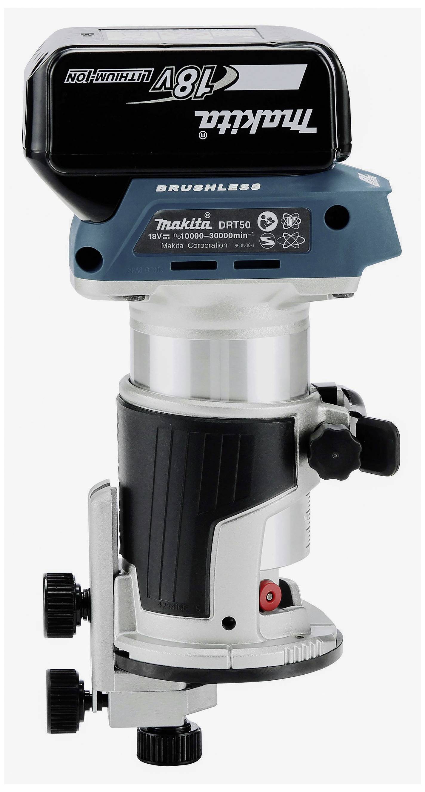 Akkubetriebener Kantenfräser von Makita mit 18V Lithium-Ionen-Akku und bürstenlosem Motor, Modell DRT50, in Schwarz und Blau.