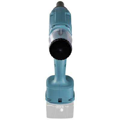 Ein blauer, akkubetriebener Bohrschrauber von vorne, fokussiert auf das Bohrfutter.