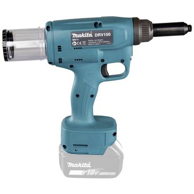 Ein kabelloses, türkisfarbenes Elektrowerkzeug mit ergonomischem Griff, erkennbar als Akku-Blindnietgerät von Makita.
