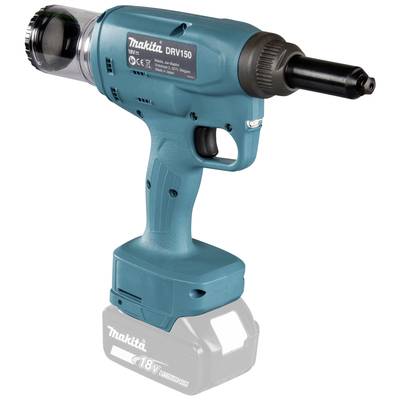 Akkubetriebene Nietpistole von Makita, Modell DRV150, blau, mit ergonomischem Griff und Akkupack, ideal für mobile Anwendungen.