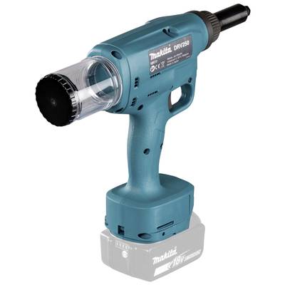 Akkubetriebene blaue Nietpistole mit transparenter Aufnahmevorrichtung und Makita-Logo, geeignet für Bau- und Montagearbeiten.