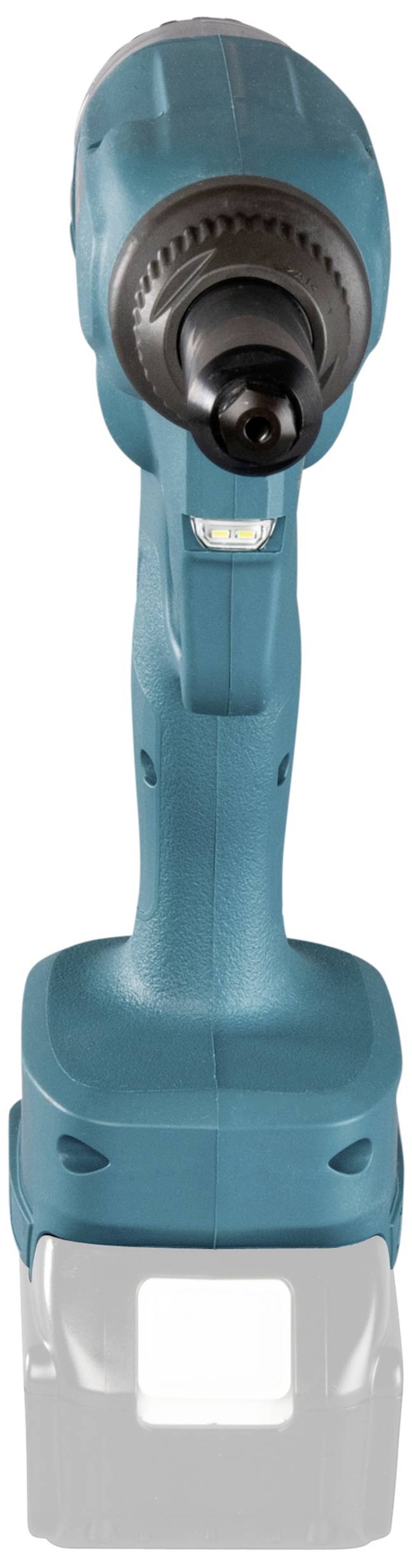 Ein kabelloser, blauer Akkuschrauber, von vorn gesehen.