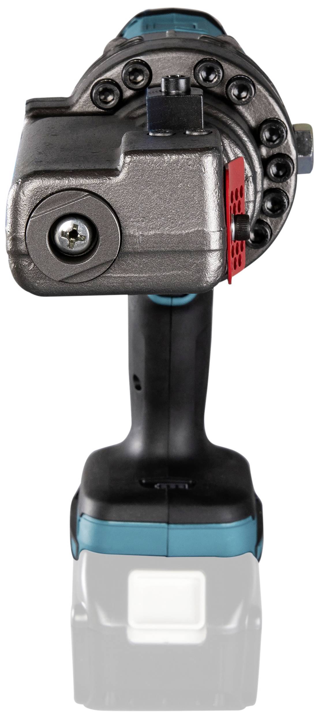 Elektrisches Werkzeug mit blauem und schwarzem Griff sowie silbernem Kopf, vermutlich ein Schlagschrauber, frontal abgebildet.