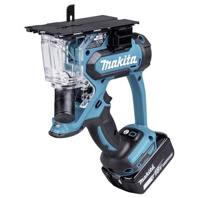 Kabelloser Makita Trockenbausäge mit 18V Lithium-Ionen-Akku, konzipiert für müheloses Schneiden von Trockenbauplatten und ausgestattet mit einem kompakten Design.