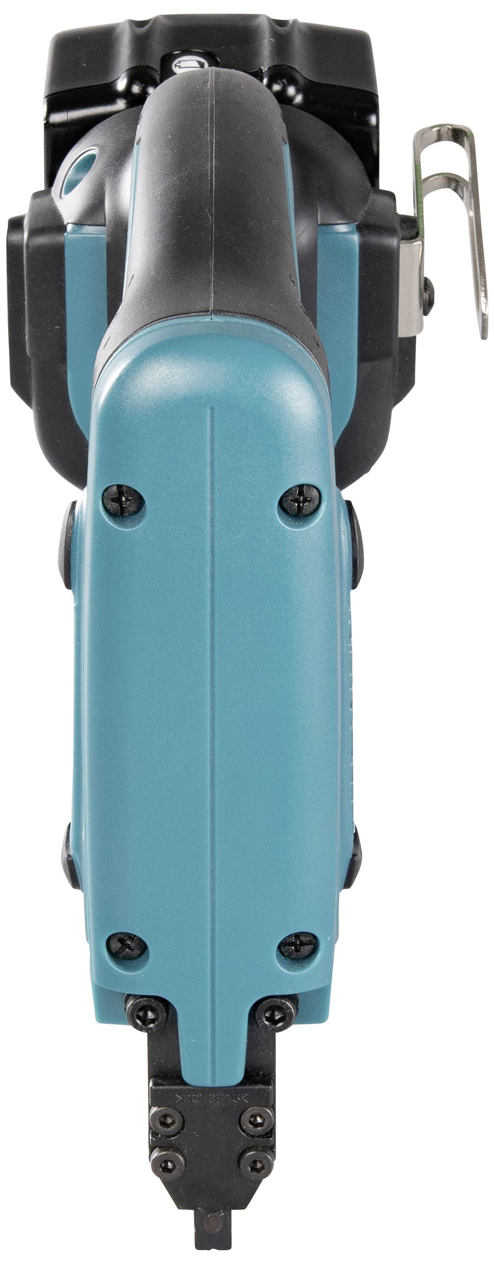 Ein elektrisches Werkzeug mit blauem Gehäuse, gesehen von oben, wahrscheinlich eine Art Bohrmaschine oder Schlagschrauber.