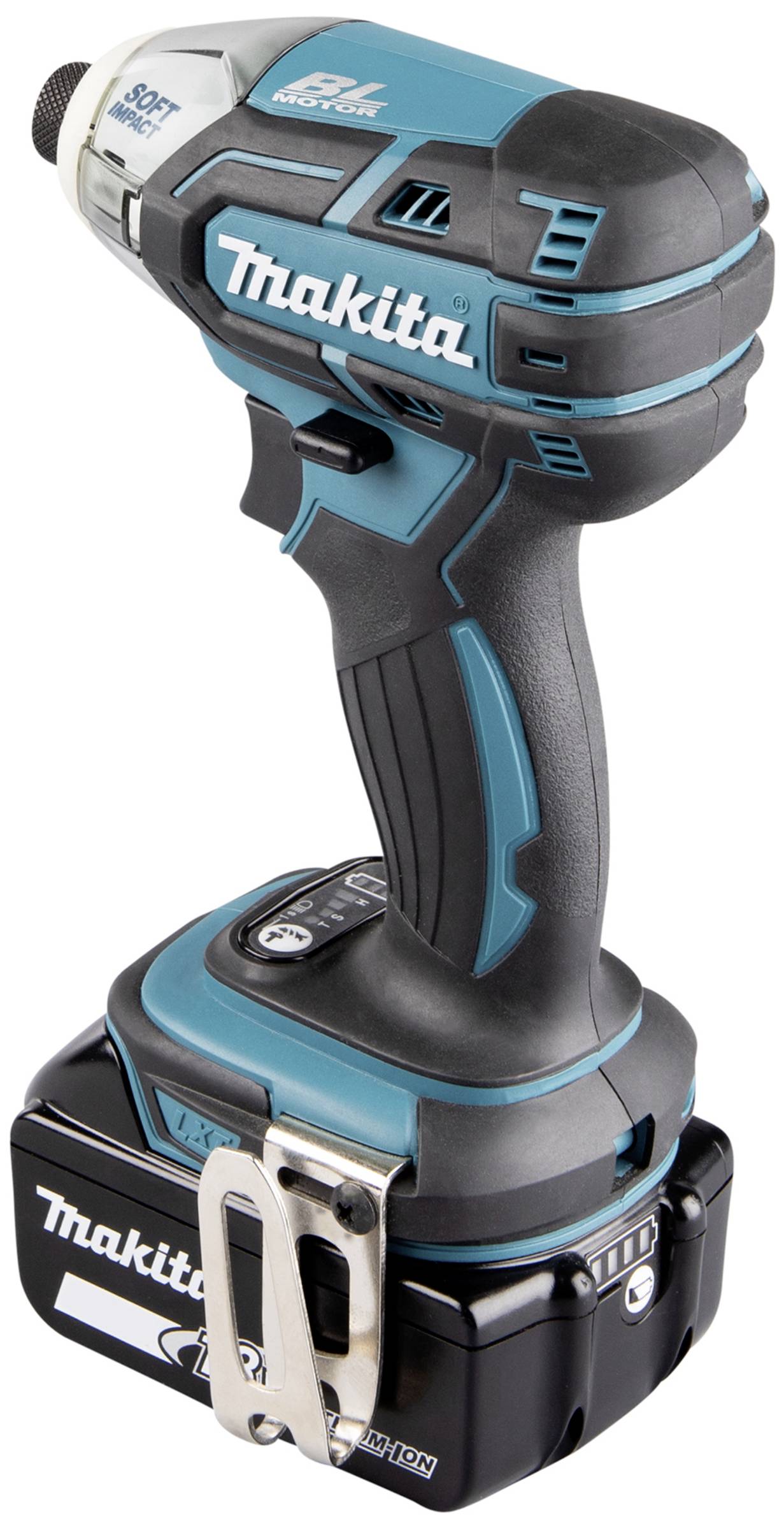 Kabelloser Makita-Akkuschlagschrauber in Schwarz und Blau, mit ergonomischem Griff und Lithium-Ionen-Akku für Bauarbeiten.