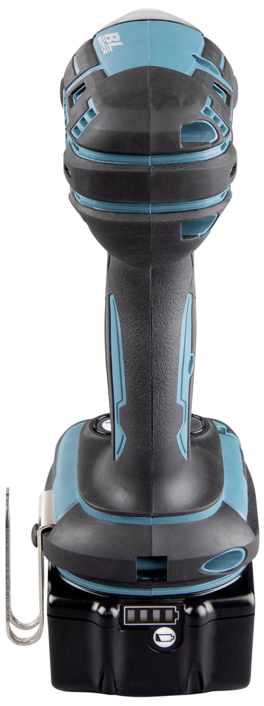 Schnurloser Elektroschrauber von hinten, schwarz und türkis, mit ergonomischem Griff und abnehmbarem Akku unten.