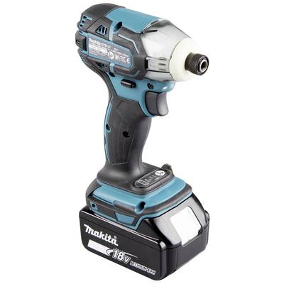 Ein kabelloser Akku-Schlagschrauber, Marke Makita, mit blau-schwarzem Design, verwendet eine 18V Lithium-Ionen-Batterie.