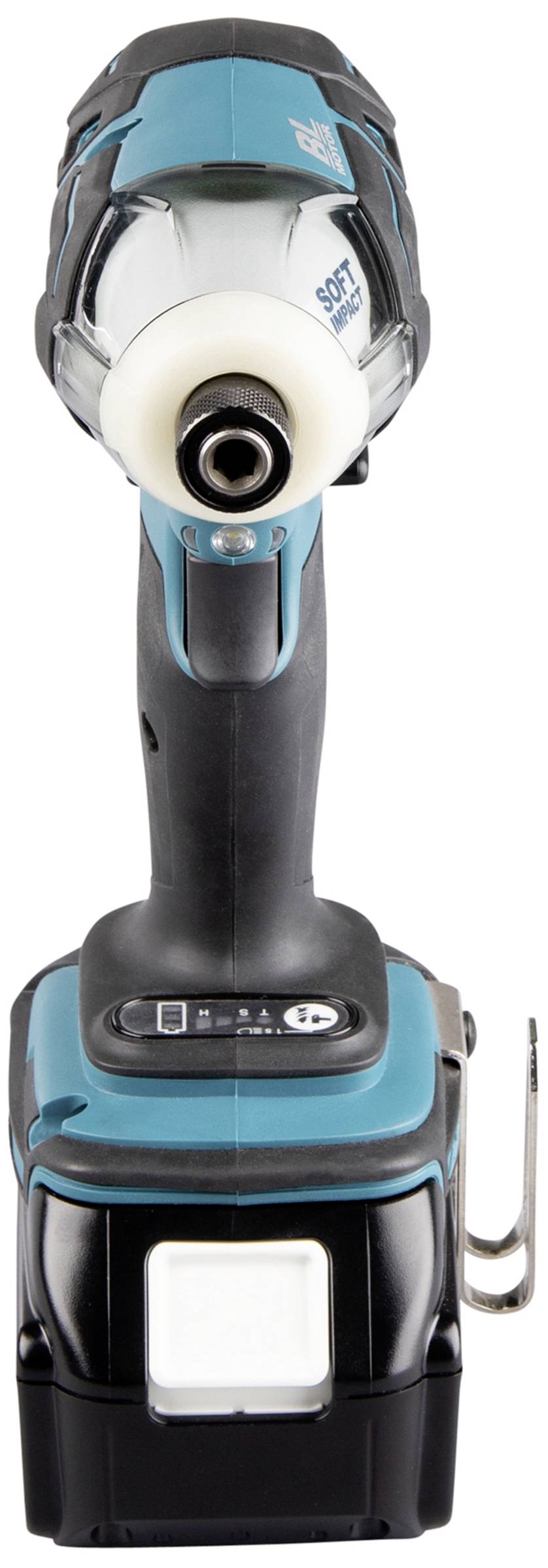 Akkuschrauber mit blau-schwarzem Gehäuse, Vorderansicht. Gerät steht auf integriertem Akku, geeignet für Schraub- und Bohrarbeiten.