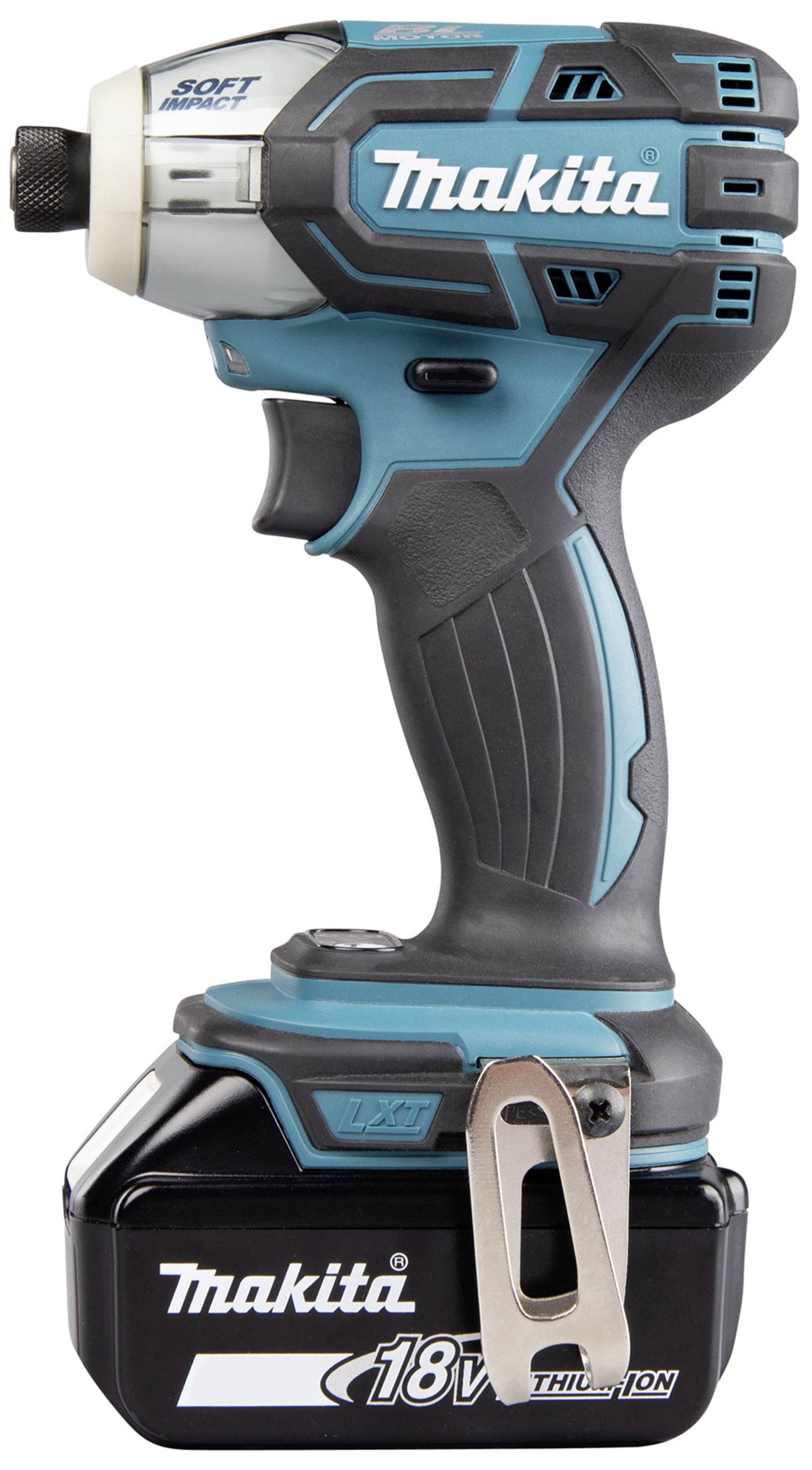 Ein blauer und schwarzer Makita Akku-Schlagschrauber mit ergonomischem Griff und 18V-Akku, geeignet für Heimwerkerarbeiten.