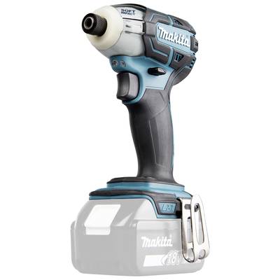 Schlagbohrmaschine von Makita, 18V, schwarz-blau. Der Griff ist ergonomisch gestaltet, der Akku ist nicht eingesetzt.
