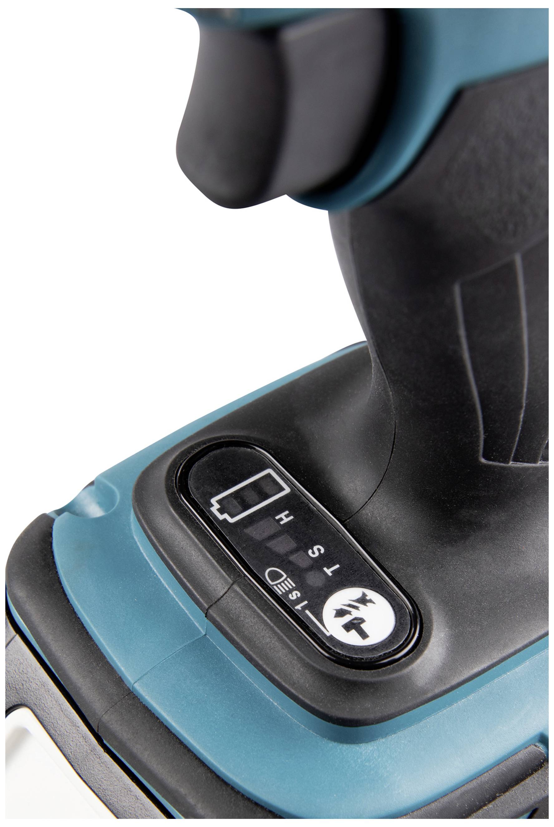 Nahaufnahme eines blauen und schwarzen Akkuwerkzeugs mit Bedienfeld zur Geschwindigkeitssteuerung.