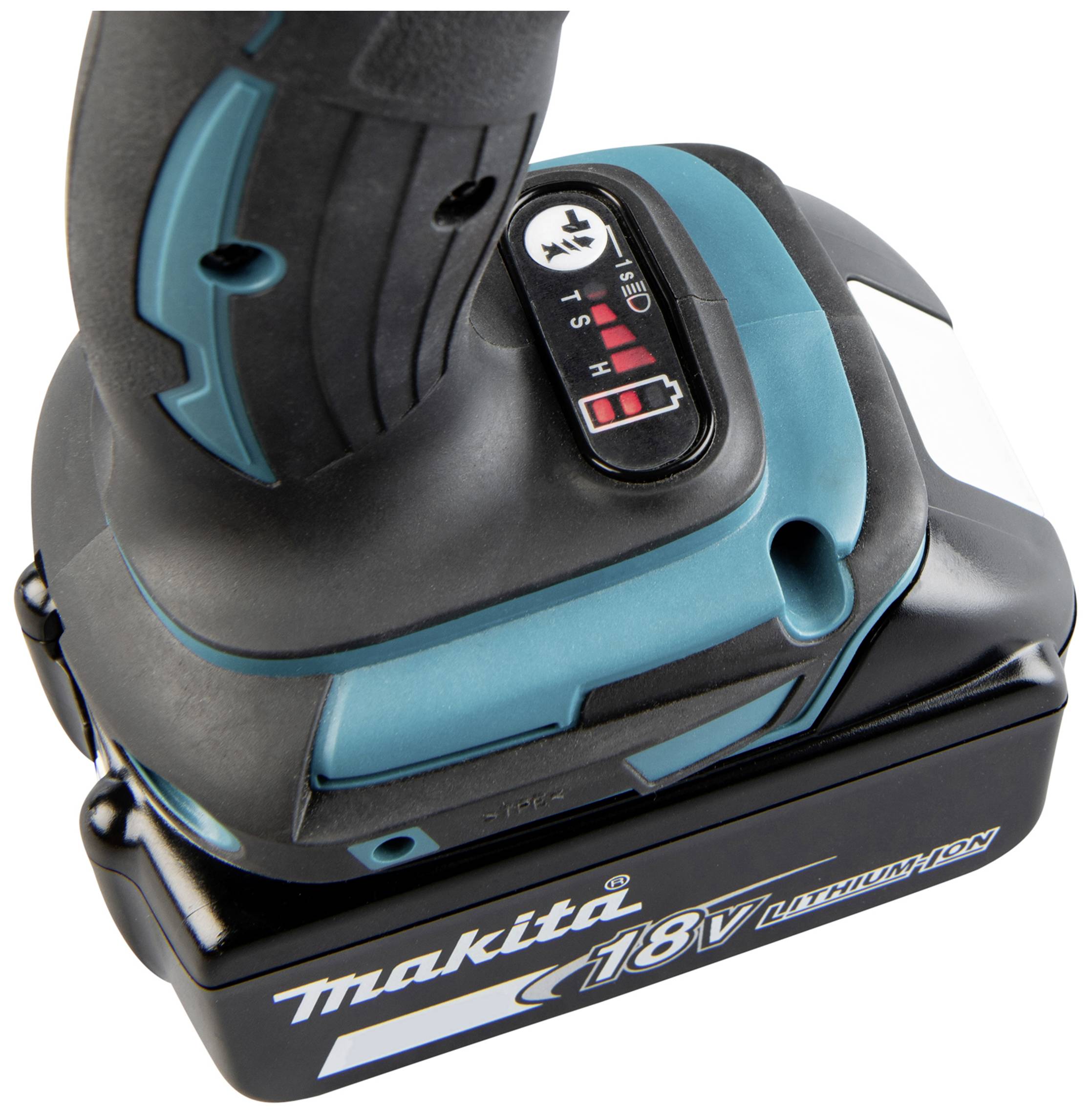 Ein Akkuschrauber mit einem 18V Lithium-Ionen-Akku der Marke Makita. Der Griff hat blaue und schwarze Akzente, das Drehmoment ist einstellbar.