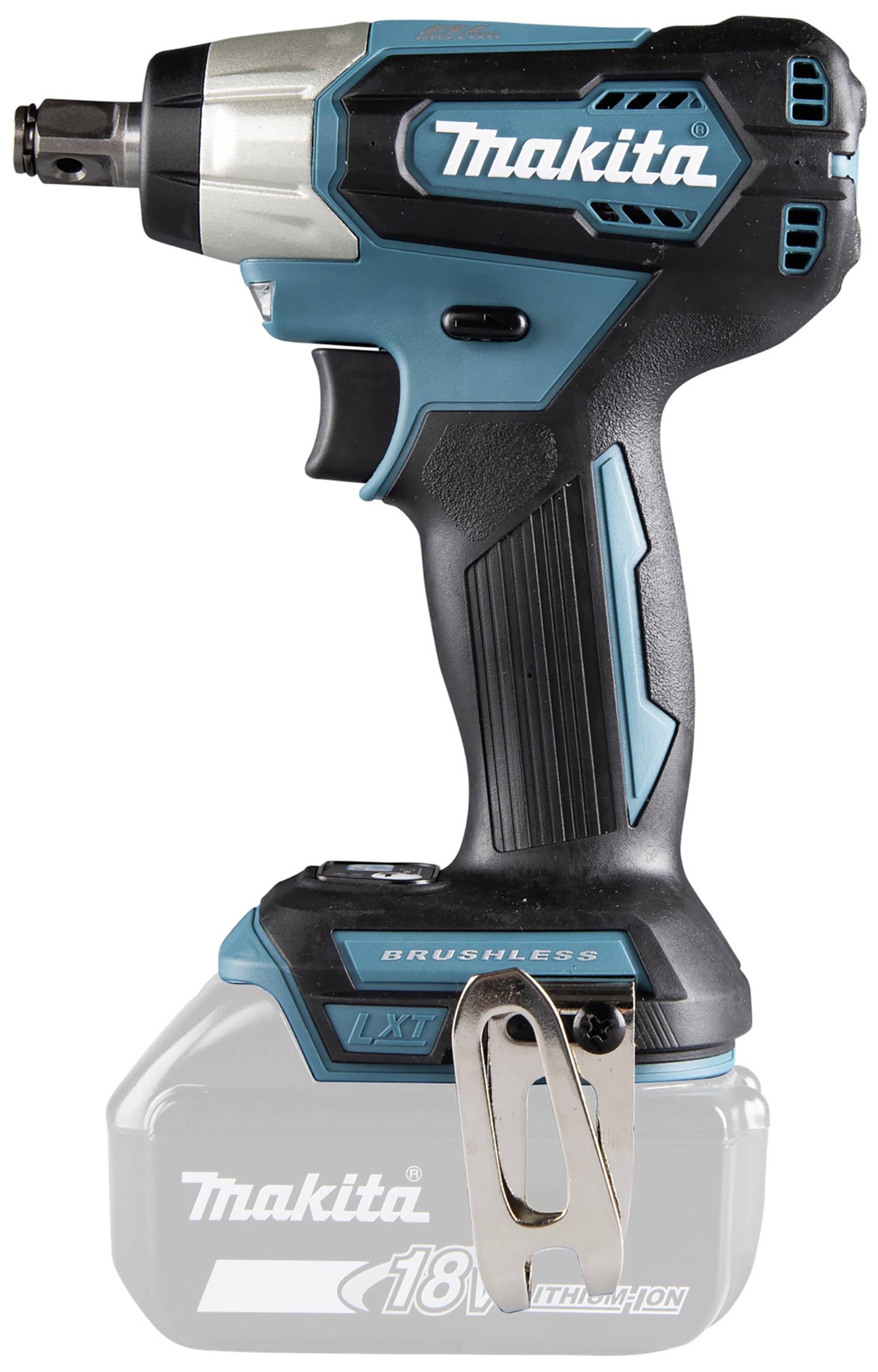 Akkubohrschrauber der Marke Makita, mit bürstenlosem Motor. Akku, Halteclip und ergonomischem Griff erkennbar.