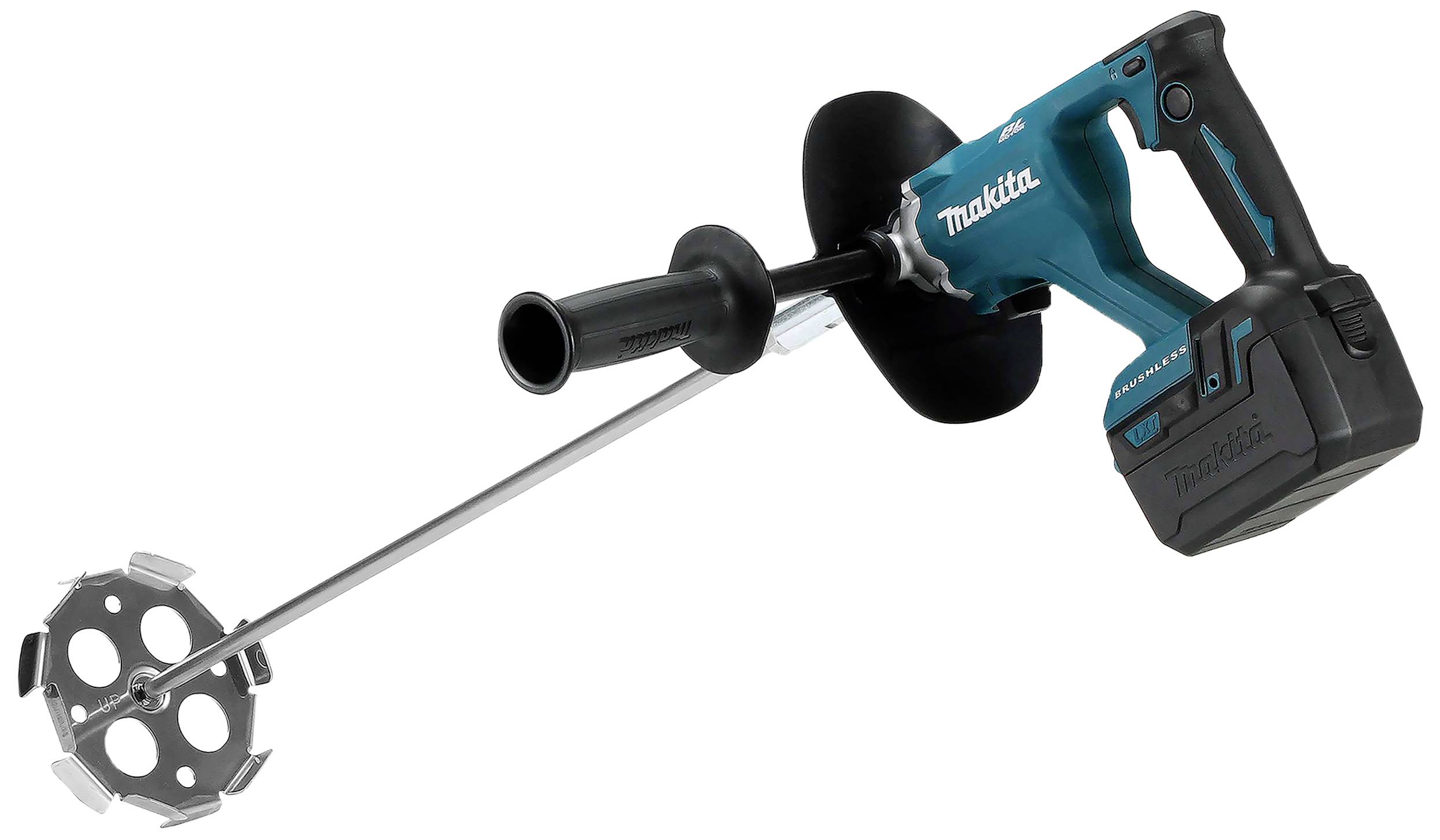 Ein kabelloser Hochleistungs-Handmischer mit langem Rührstab, ergonomischem Griff und Batterie, geeignet für Bauarbeiten.