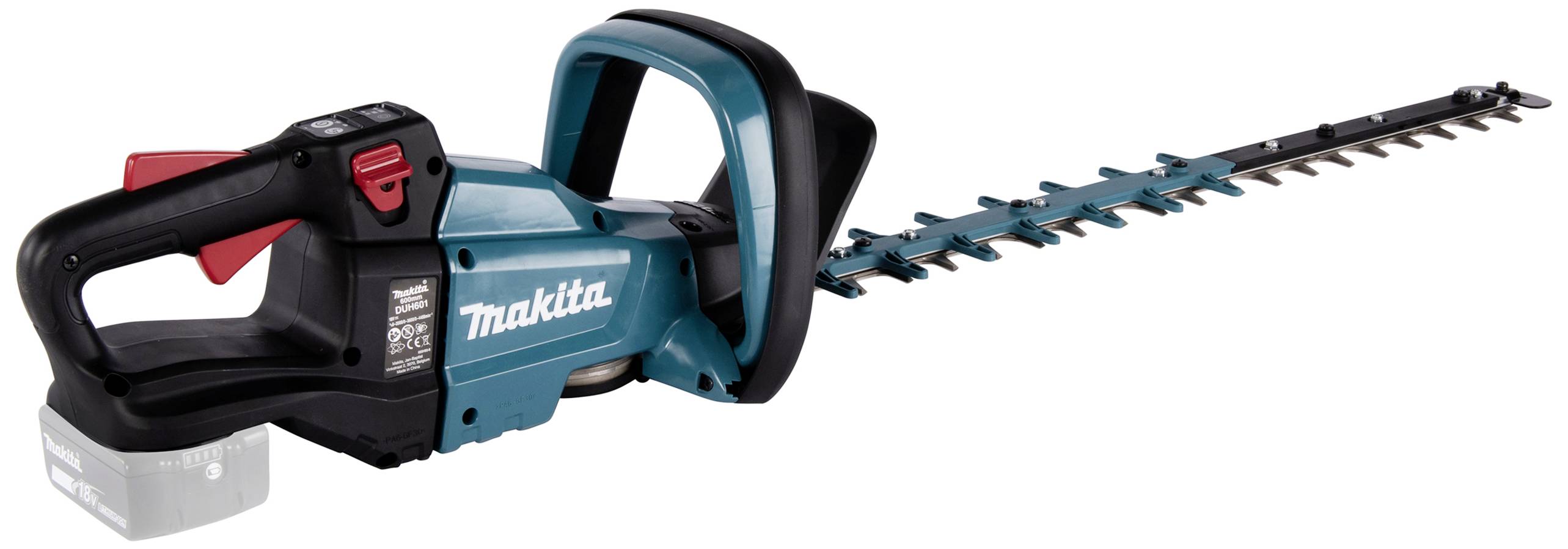 Elektrische Heckenschere von Makita mit langem, gezacktem Schneidmesser und ergonomischem Griff, geeignet für Gartenarbeiten.