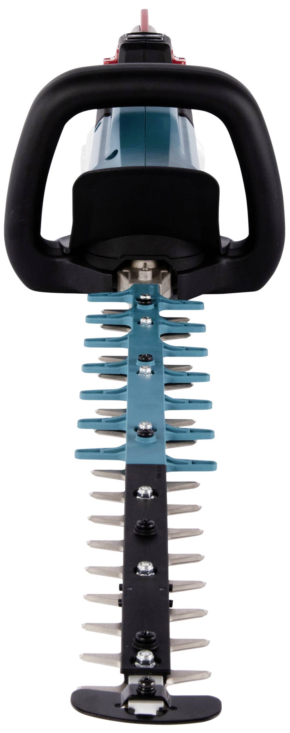 Ein elektrischer Heckenschneider mit einer schwarzen Griff- und blauen Klingenleiste, frontal abgebildet.