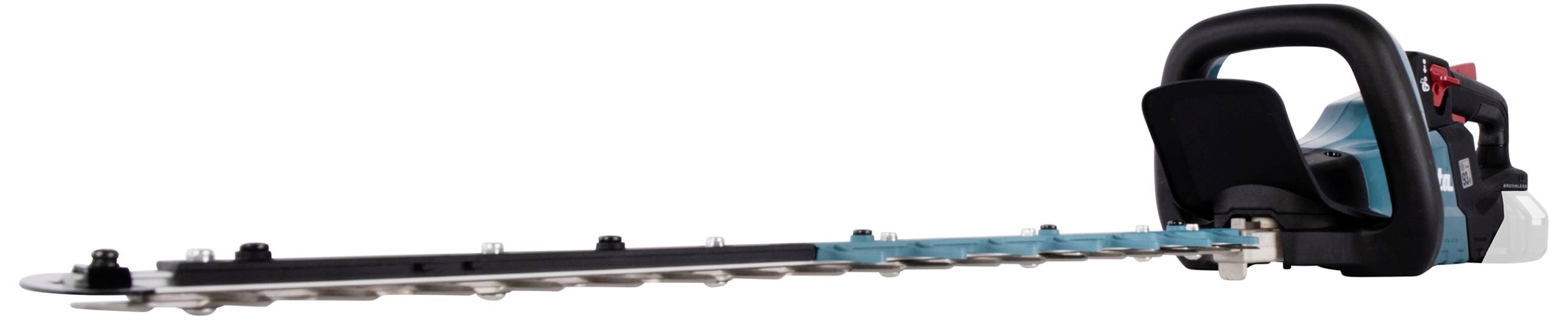 Akkubetriebene Heckenschere mit ergonomischem Griff und langer Klinge, geeignet für präzises Schneiden von Hecken und Büschen.