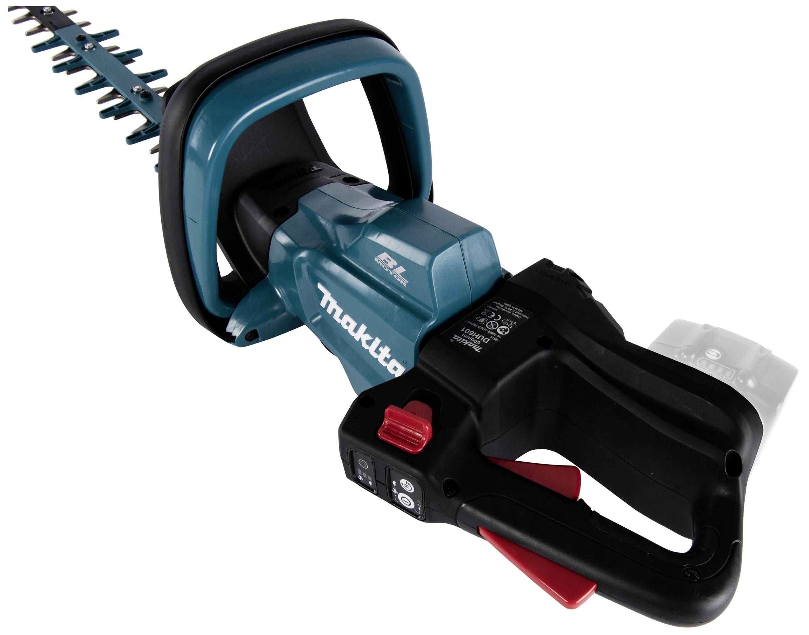 Akku-Heckenschere in Blau und Schwarz mit Griff und Klingen; geeignet zum Trimmen von Hecken und Büschen.