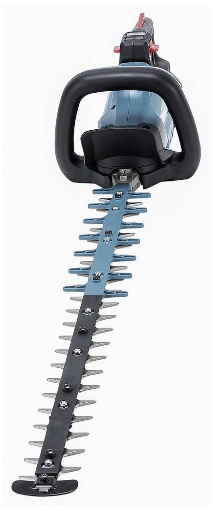 Eine elektrische Heckenschere mit ergonomischem Griff und langen, gezackten Klingen, geeignet für das Beschneiden von Hecken.