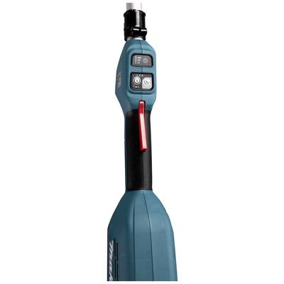 Akku-Bohrmaschine mit blauem Gehäuse, rotem Schalter und zwei schwarzen Tasten für Einstellungen; Werkzeug in Nahaufnahme.