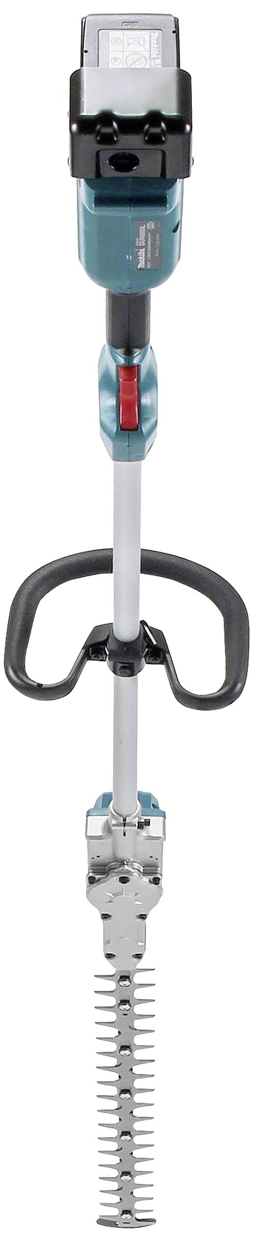 Langstielige Heckenschere mit schwarzem und türkisfarbenem Griff. Ideal für präzises Schneiden hoher Hecken mit elektrischem Antrieb.