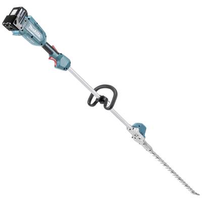 Ein blauer und schwarzer Makita Heckenschneider mit einem langen Griff und einer Schneidklinge am Ende.