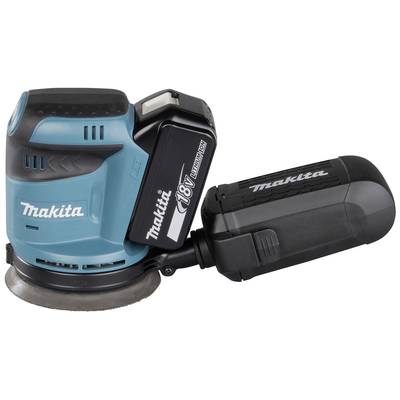 Ein blau-schwarzer Makita-Akkuschleifer mit '18V'-Batteriemodul, auf einer weißen Fläche liegend.