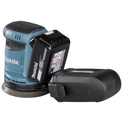 Ein blauer, kabelloser Makita-Exzenterschleifer mit einem 18V Lithium-Ionen-Akku, verwendet zur Oberflächenbearbeitung und -glättung.