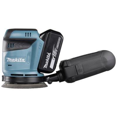 Ein 18V Akku-Exzenterschleifer, blau und schwarz, mit ergonomischem Design, geeignet für Holz- und Metalloberflächen.