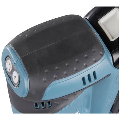 Obenansicht eines blau-schwarzen Elektrowerkzeugs mit genopptem Griff und Bedienknopf an der Seite.