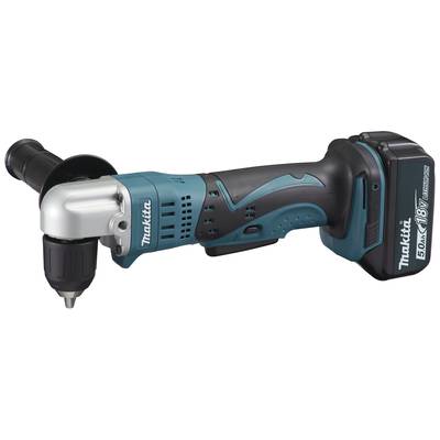 Ein blauer und schwarzer Akkuschrauber mit 18V Lithium-Ionen-Akku, ergonomischem Griff und Seitengriff für bessere Handhabung.