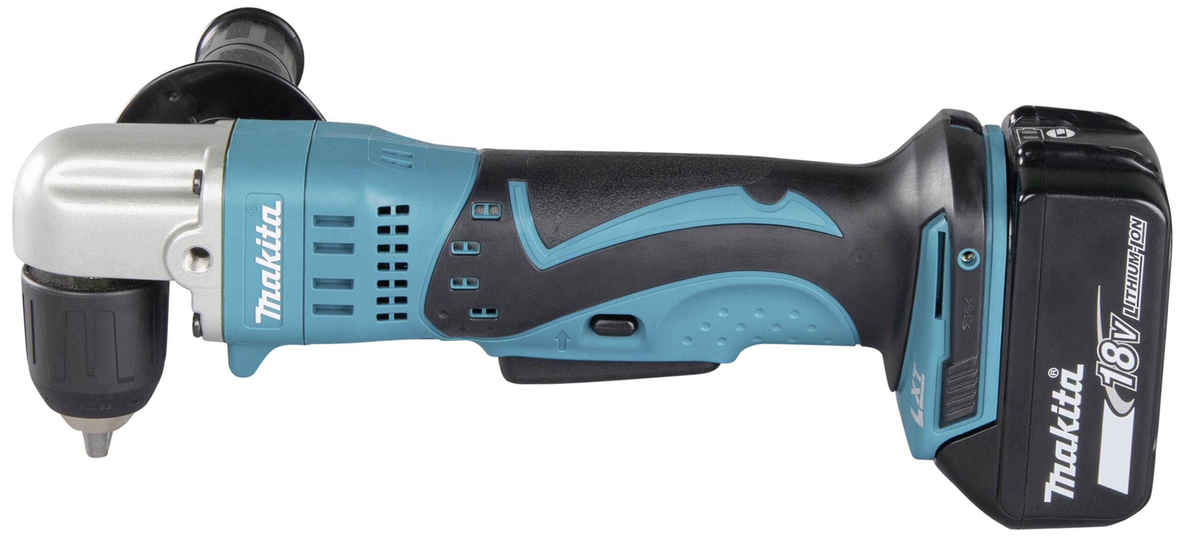 Akku-Winkelschrauber in Blau und Schwarz mit 18V-Batterie, geeignet für enge Räume und präzises Arbeiten in der Holzbearbeitung.